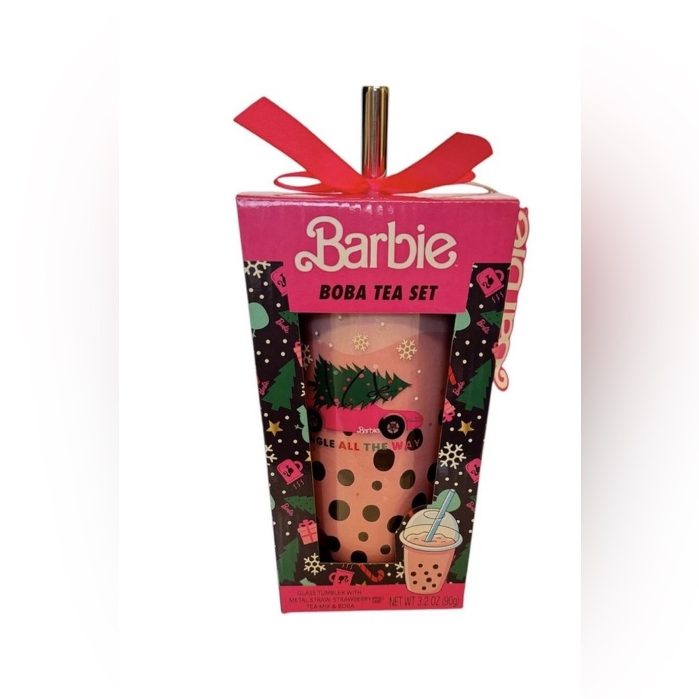 Barbie Pink Boba Tea Set  Glass Tumbler with Metal Straw Christmas Gift